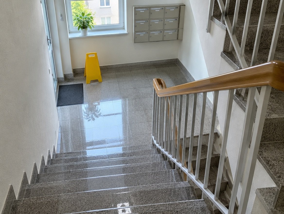 Frisch gewischtes Treppenhaus in einem Mehrfamilienhaus