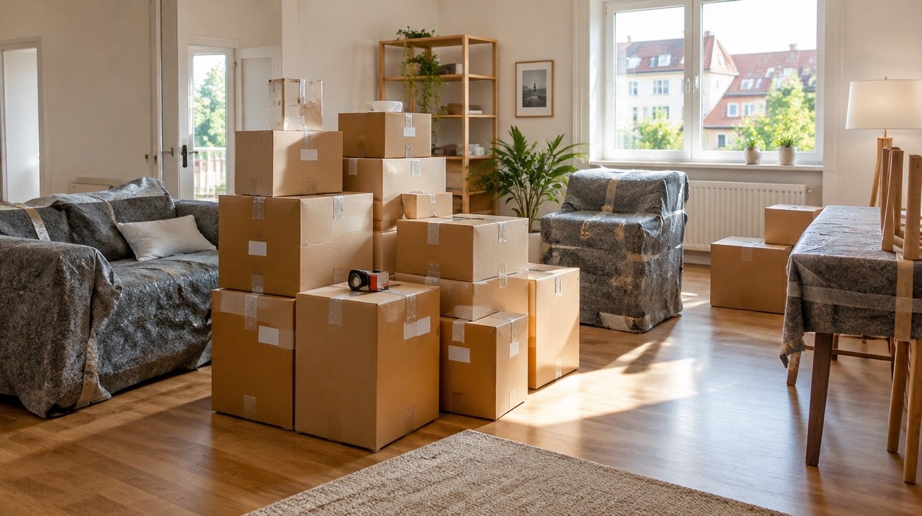 Gepackte Umzugskartons und eingepackte Möbel